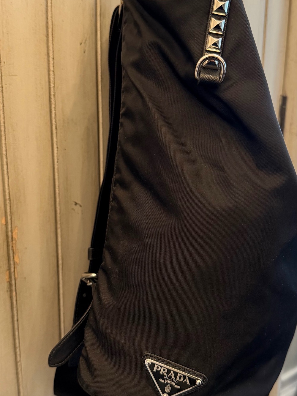 Prada Vela Black Nylon Backpack with Red Leather Studded Strap - Picture 4 of 8